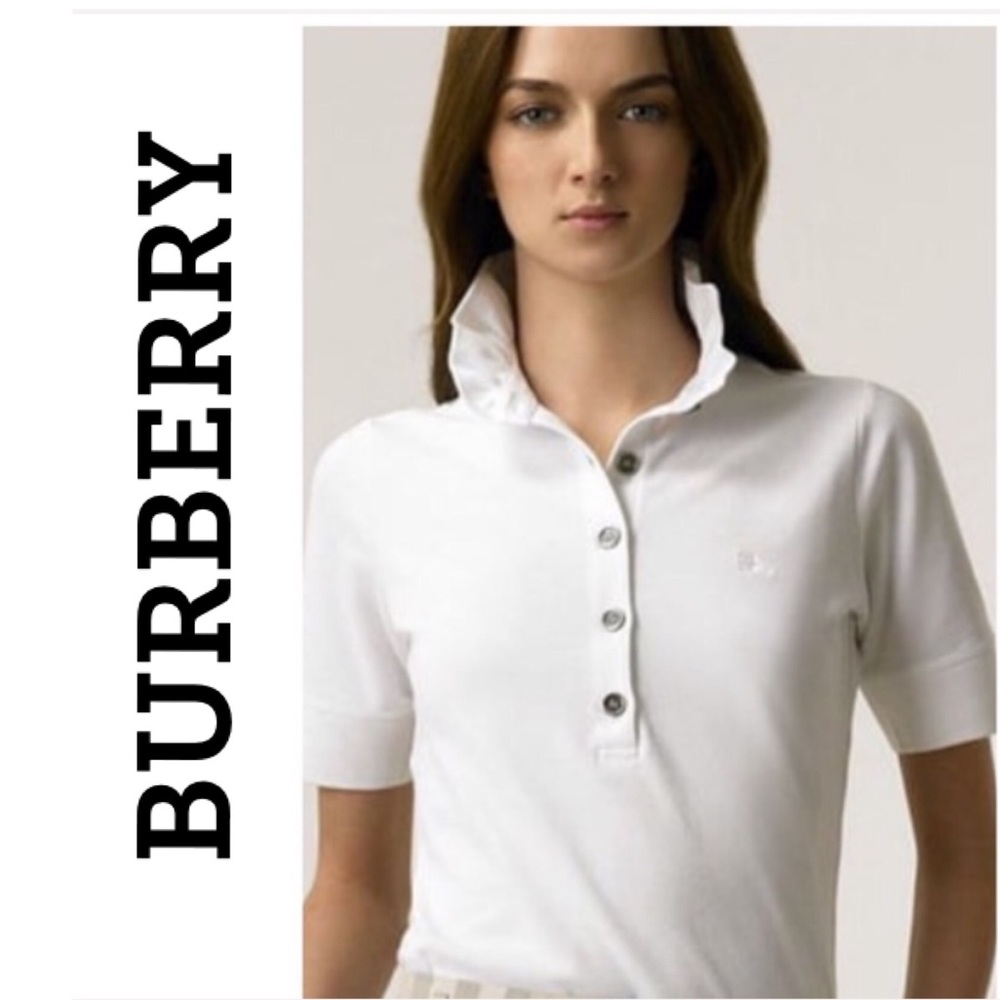 BURBERRY SHORT SLEEVE RUFFLE COLLAR POLO TOP XS